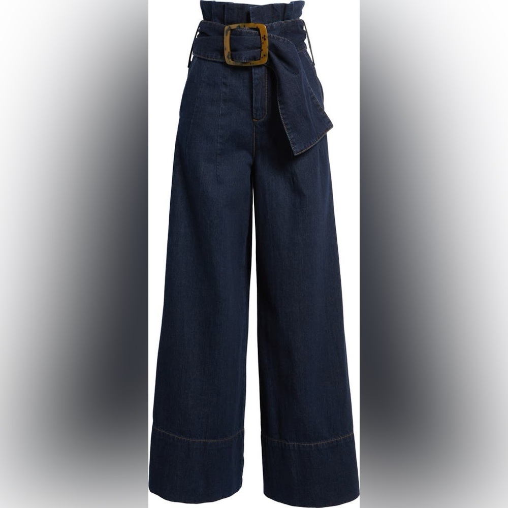 Topshop Boutique Dark Blue paper bag waist belted Wide-Leg Jeans